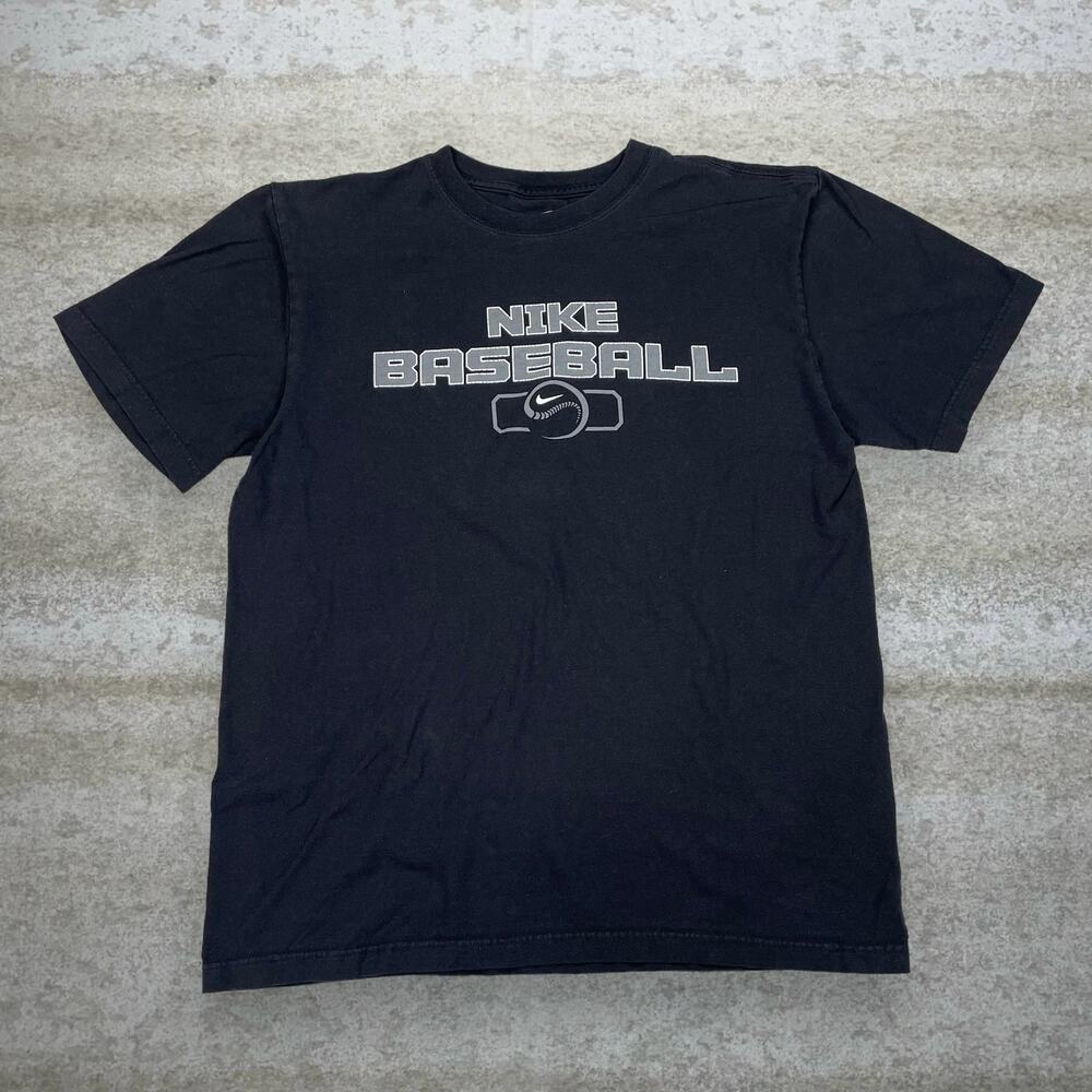 Vintage Y2K Nike Center Swoosh Shirt Mens L Jet Black Baseball Grey Logo